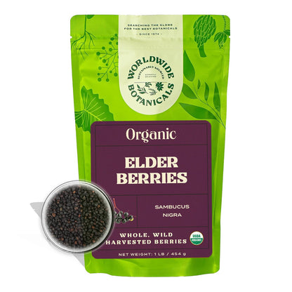 Worldwide Botanicals Organic Dried Elderberries, 1 lb - 100% Sambucus nigra – Superfruit Whole Berries Wild Harvested in Eastern Europe. For making Syrups, Teas, Jams, Gummies, 16 ounces