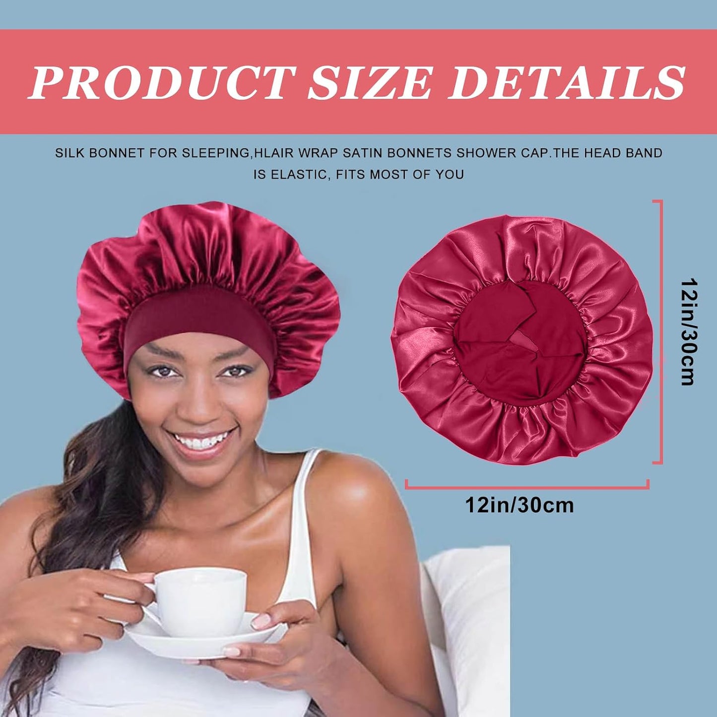 4PCS Silk Satin Bonnets for Black Women & Men - Elastic Wide Band Hair Wrap Cap for Curly Hair - Shower Cap for Sleeping (Black, Peacock Blue, Pink, Khaki)