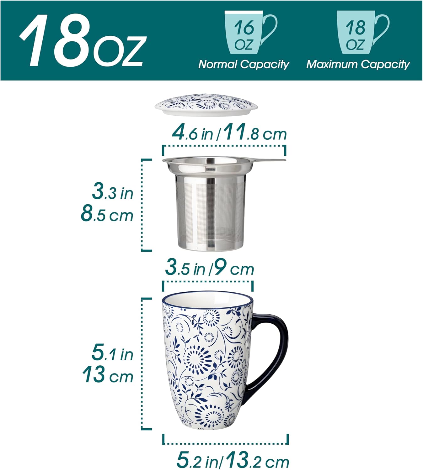 vancasso SELENE Porcelain Tea Mug, 18 oz Porcelain Tea Cup with Infuser and Lid Steeps Loose Leaf Tea, Microwave & Dishwasher Safe, Blossom Cluster