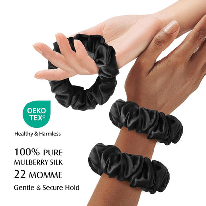 YFONG 3 PCS 100% Mulberry Silk Scrunchies for Women Girls, 22 Momme Soft Hair Ties for Frizz & Breakage Prevention, Elastic Ponytail Holders Gentle And No hurt, (Pink+Champagne+Plum Purple)