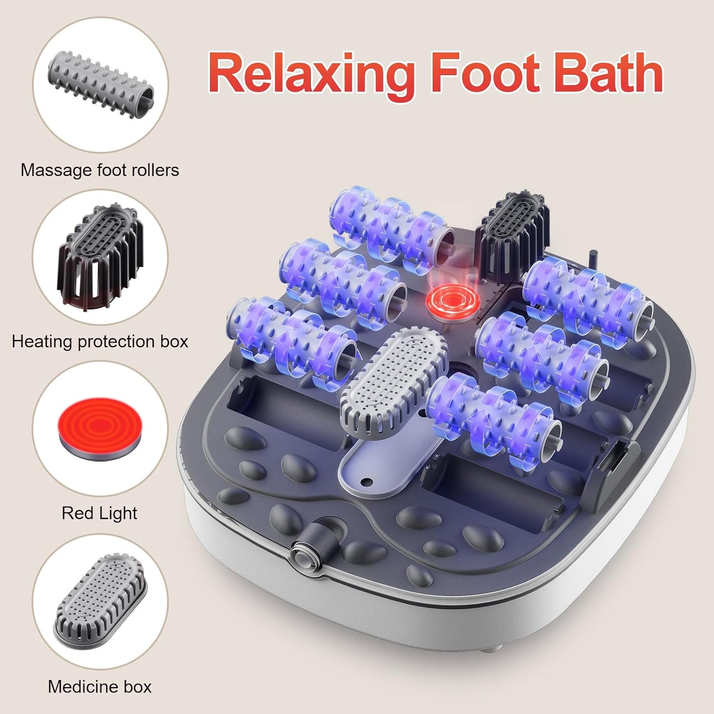 GEHONA Collapsible Foot Spa Bath with Heat, Foot Massager with Two Side Supports, Leakage Protector, Temperature Control, Bubbles, Red Light, Timer, Feet Soaker, Gifts (Deep Black)