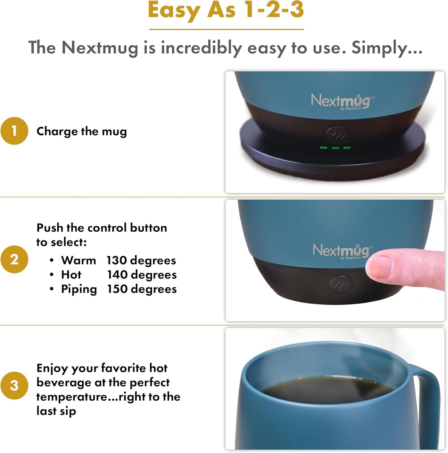 Nextmug - Temperature-Controlled, Self-Heating Coffee Mug (Black - 14 oz.)