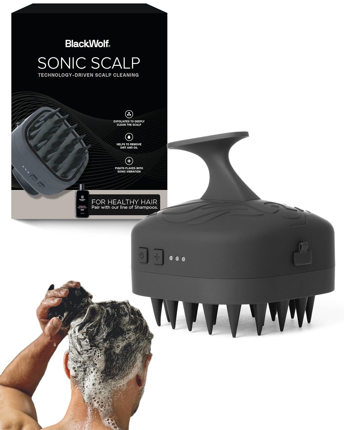 Black Wolf Sonic Scalp Scrubber - Rechargeable Hair & Scalp Scrub Brush