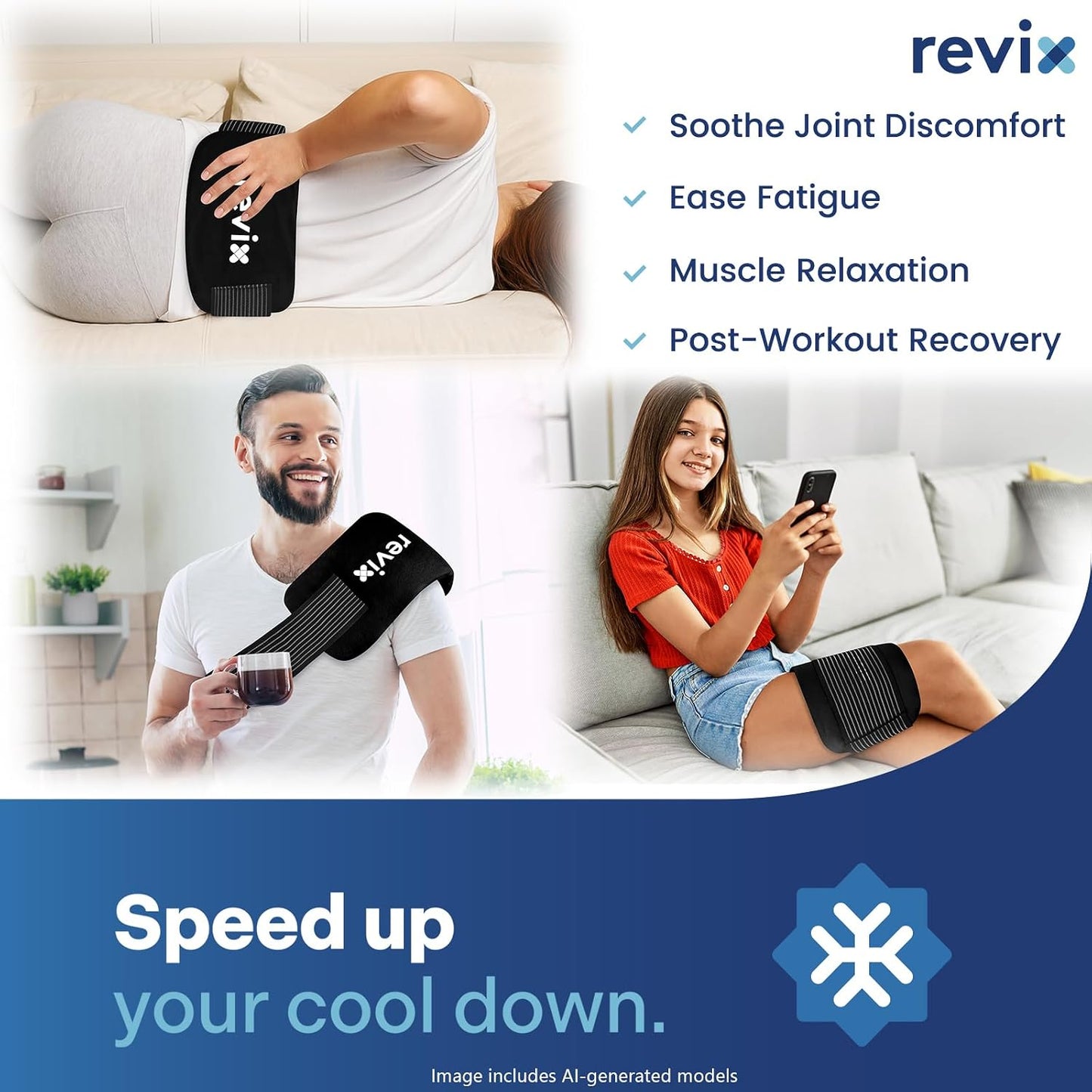 REVIX Ice Packs for Injuries Reusable, 2 Packs Hot and Cold Pack with Adjustable Strap, Flexible Ice Wraps for Joints and Muscle, Rotator Cuff, Back, Knee Discomfort Relief (10" x 5" Blue)