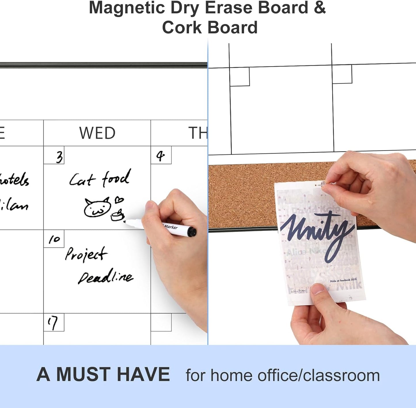 ARCOBIS Dry Erase Calendar with Cork Board for Wall, 24"x 18" Magnetic Calendar Whiteboard with Black Frame, Monthly Combination Board for School, Home, Office