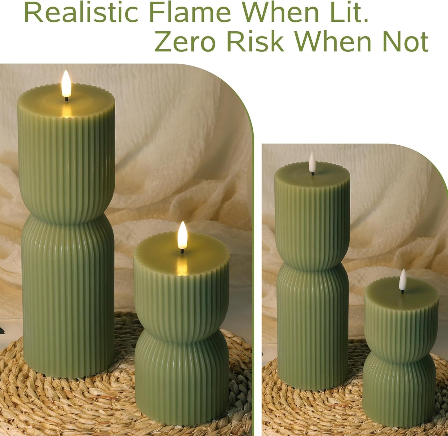White Ribbed Flameless Pillar Candles with Remote, Real Wax Flickering Battery LED Candles Set of 2