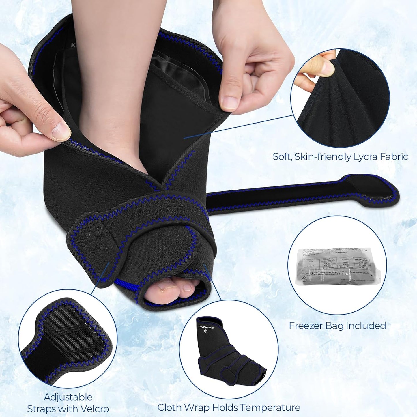 KingPavonini Ankle Foot Ice Pack Wrap for Sprained Ankle/Surgery Recovery, Reusable Gel Ice Packs for Feet Injuries, Plantar Fasciitis, Achilles Tendonitis, Hot/Cold Therapy, XL (1 Wrap+4 Gel Packs)