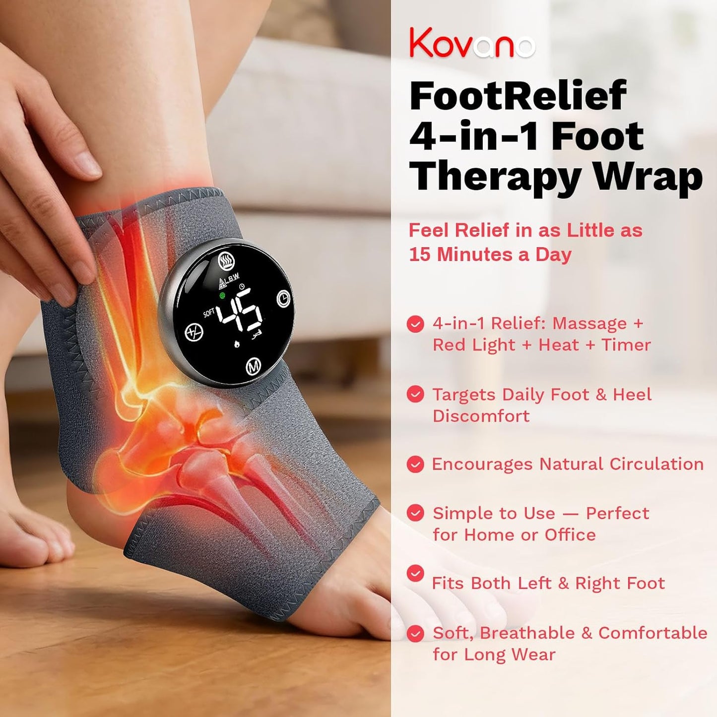 Large Fit Wearable Foot Massager Wrap, Cordless Heated Ankle Massager with Red Light, Portable for Foot Comfort & Circulation Support, 6 Modes 3 Intensities, Multi-Area Use for Foot, Knee & Back