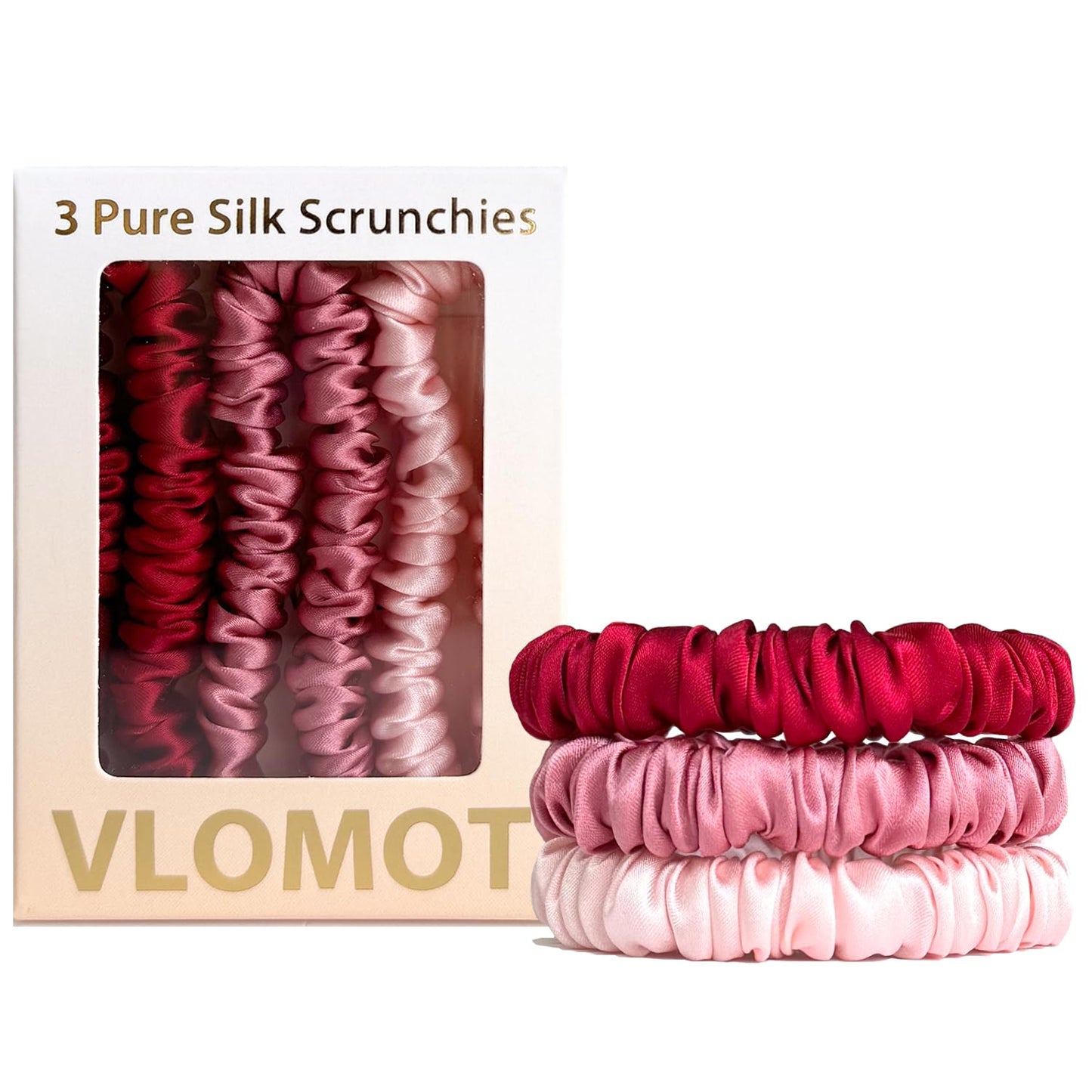 VLOMOT 3 Pcs Set 100% Pure Mulberry Silk Hair Scrunchies Hair Ties with 3 Chic Colors Everyday Skinny Scrunchies Silk Ponytail Holders Hair Care No Damage (Blue)