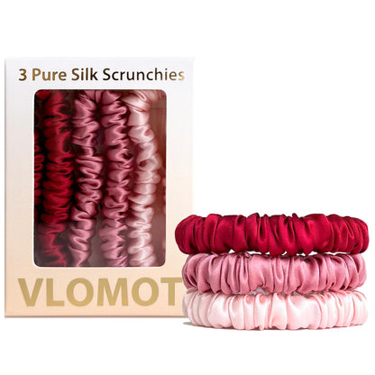 VLOMOT 3 Pcs Set 100% Pure Mulberry Silk Hair Scrunchies Hair Ties with 3 Chic Colors Everyday Skinny Scrunchies Silk Ponytail Holders Hair Care No Damage (Blue)