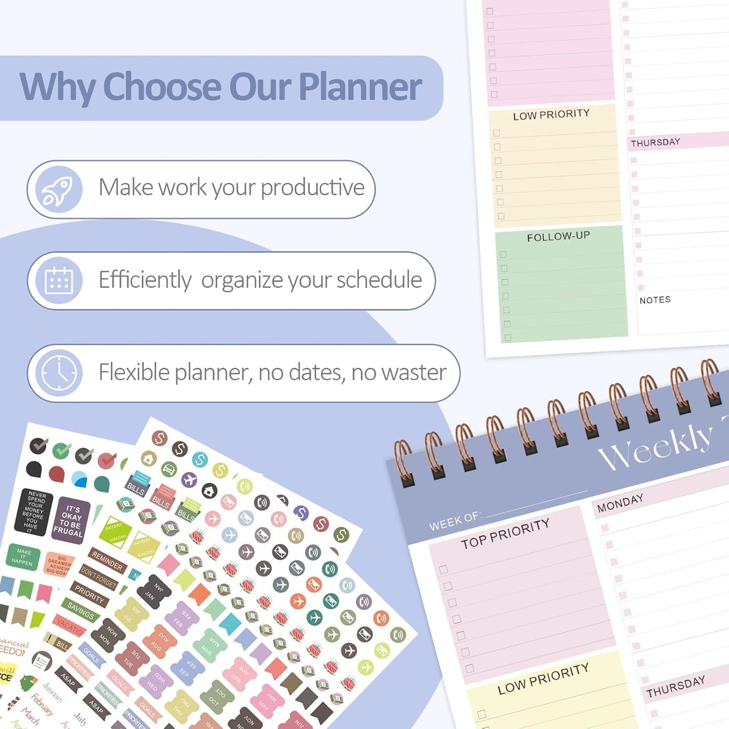 Weekly To Do List Notepad, 52 Sheets, Undated Weekly Planner, Letter Size | 8.5"x11", 100GSM, Thick Paper, Twin-Wire Spiral Bound, Tear Off Desk Pad, For Women & Man, Home School & Office Work