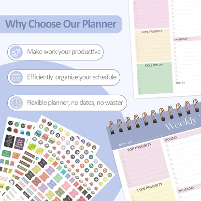 Weekly To Do List Notepad, 52 Sheets, Undated Weekly Planner, Letter Size | 8.5"x11", 100GSM, Thick Paper, Twin-Wire Spiral Bound, Tear Off Desk Pad, For Women & Man, Home School & Office Work