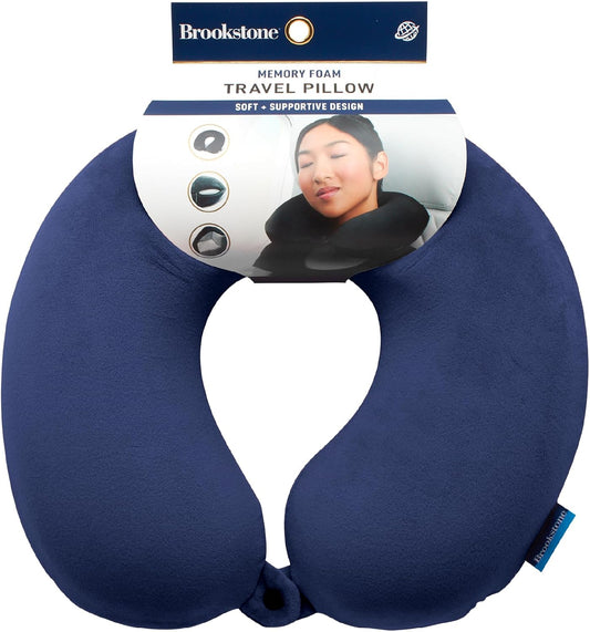 Brookstone Travel Neck Pillow - Lightweight U-Shaped Memory Foam Travel Pillow for Airplane, Car Travels & Sleeping, Blue