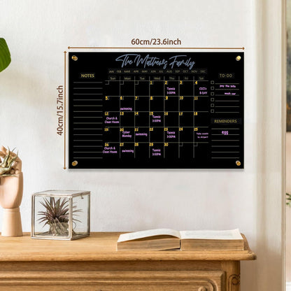 Black Acrylic Calendar Dry Erase for Wall, Family Planner, Monthly Calendar Dry Erase Whiteboard for Home, Office, 17" x 13"Reusable White Board(Acrylic-BK-3343)