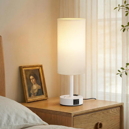 Touch Bedside Table Lamp with Memory - Stepless Dimmable Lamp for Bedroom, Small Nightstand Lamp with Dual USB Charging Ports and AC Outlet, Wood Night Light, Desk Lamp for Nursery, Living Room, Dorm
