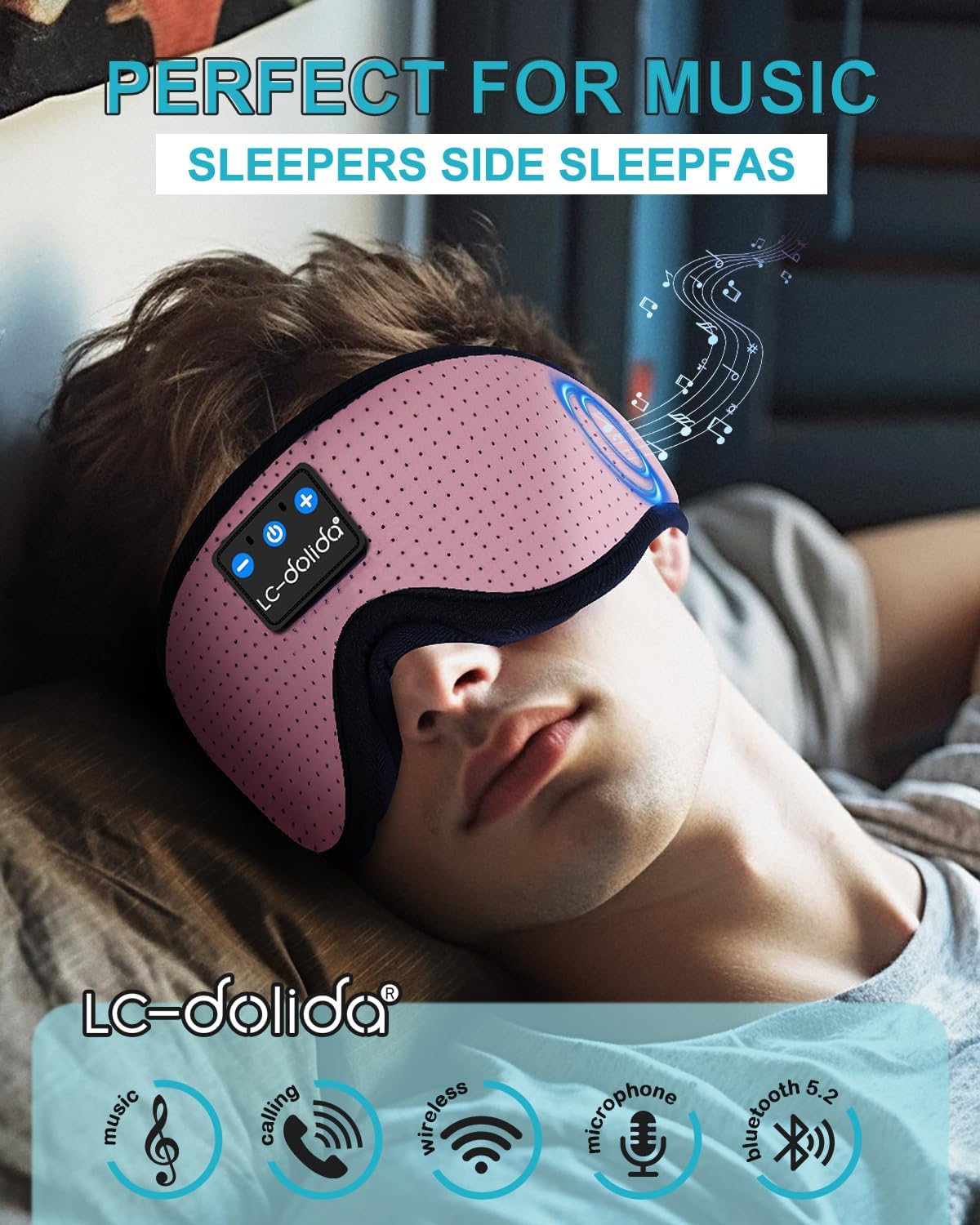 LC-dolida Sleep Headphones, 3D Sleep Mask Bluetooth Wireless Music Eye Mask, Sleeping Headphones for Side Sleepers Sleep Mask with Bluetooth Headphones Ultra-Thin Stereo Speakers Perfect for Sleeping