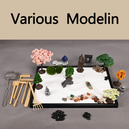 Mini Zen Garden, White Sand, 10" x 7" Rectangular Plastic Tray with Meditation Accessories
