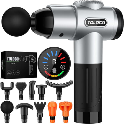TOLOCO Massage Gun, Deep Tissue Back Massage for Athletes for Pain Relief, Percussion Massager with 10 Massages Heads & Silent Brushless Motor, Fathers Day Dad Gifts, Grey