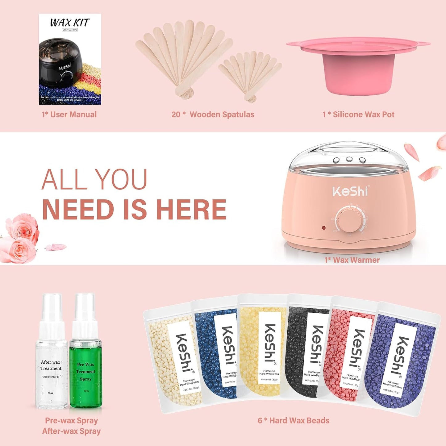 KeShi Waxing Kit, Painless Hair Removal Wax Warmer with 6 Bags Hard Wax Beans for Full Body, Legs, Face, Eyebrows & Bikini— Ideal for Both Women & Men
