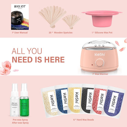 KeShi Waxing Kit, Painless Hair Removal Wax Warmer with 6 Bags Hard Wax Beans for Full Body, Legs, Face, Eyebrows & Bikini— Ideal for Both Women & Men