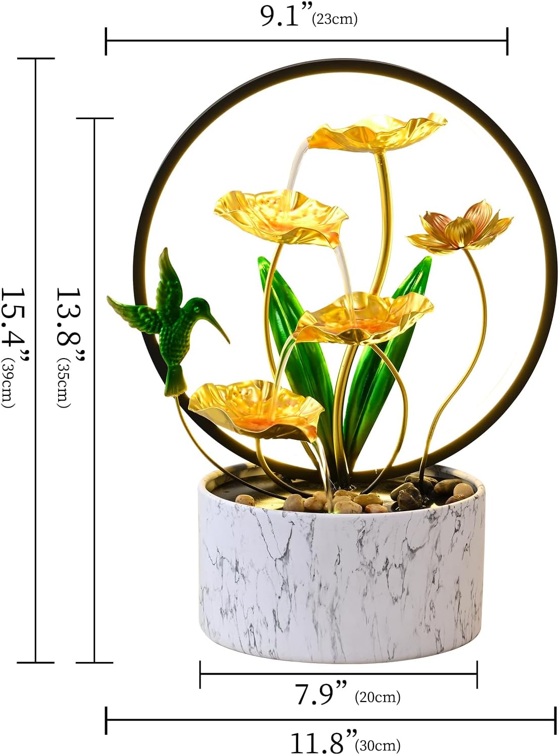15" H Indoor Modern Tabletop Water Fountain LED Light, Yoga Meditation Room Father Day Decor Lotus Flower Floor-Standing Fountain