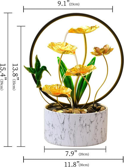 15" H Indoor Modern Tabletop Water Fountain LED Light, Yoga Meditation Room Father Day Decor Lotus Flower Floor-Standing Fountain