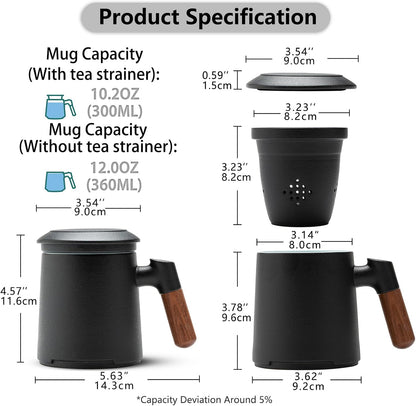 ZENS Embossed Ceramic Tea Mug with Infuser and Lid, 14.5 oz Wooden Handle, Loose Leaf Tea Steeper Cup & Strainer for Tea Lovers Gifts