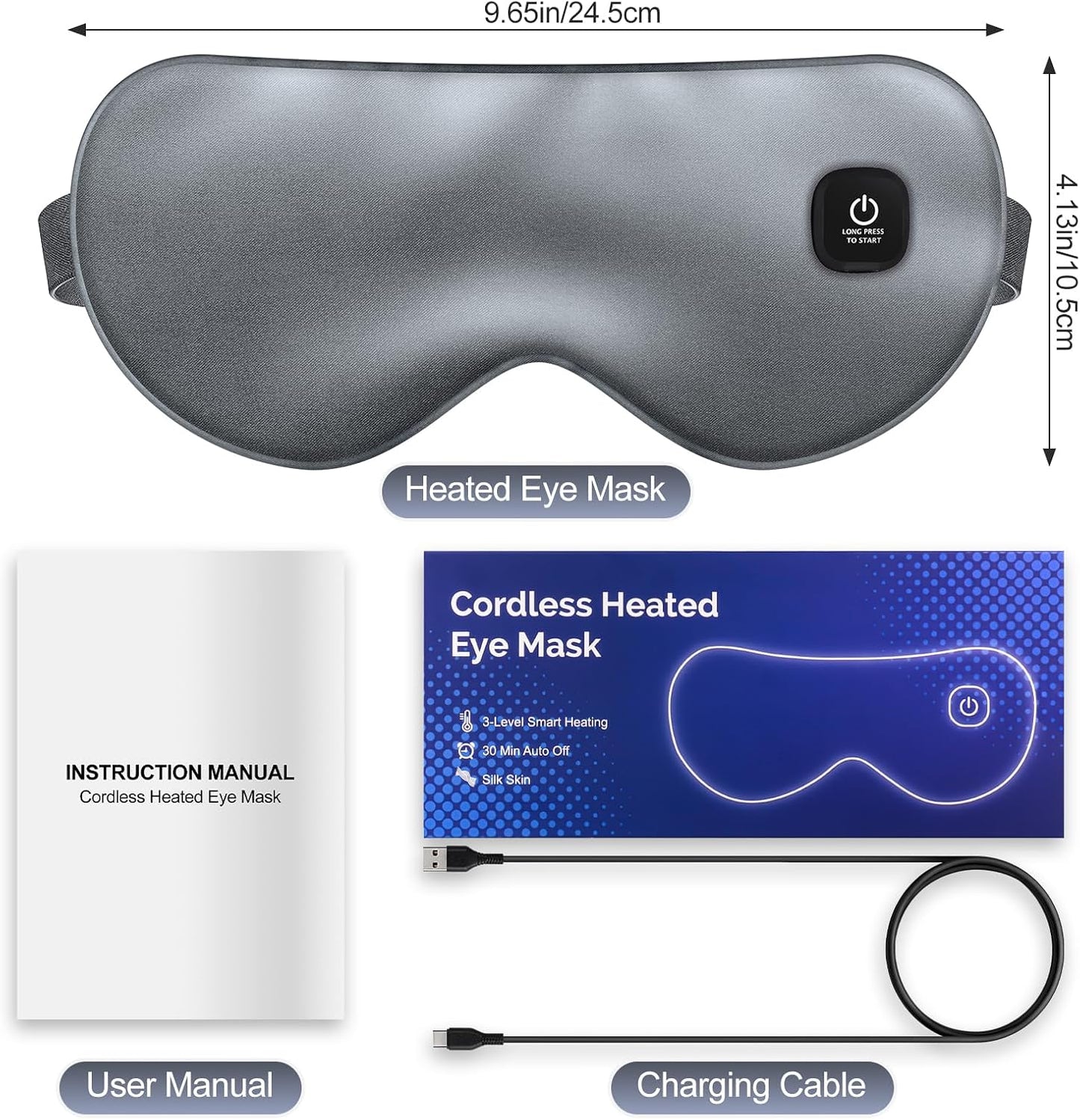 Cordless Heated Eye Mask for Dry Eyes, Blocking Light Warm Compress Rechargeable, 1000mAh Electric Eye Heating Pad for Sleeping, Washable Heat Sleep Mask with 3 Temperature Settings, Grey