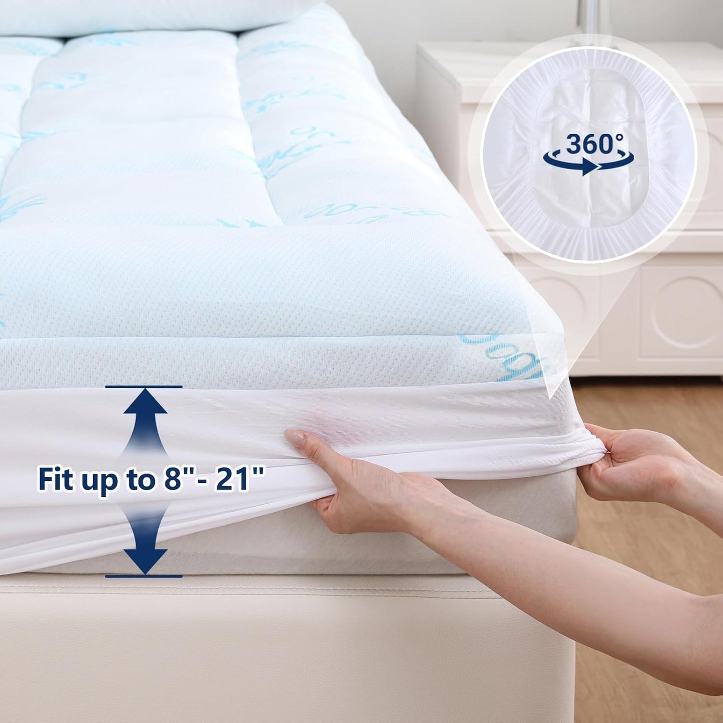 DOWNCOOL 100% Waterproof King Mattress Topper, Cooling Pillow Top Memory Foam Mattress Topper for Hot Sleepers, Viscose Derived from Bamboo, Deep Pocket Fits 8-21 Inch
