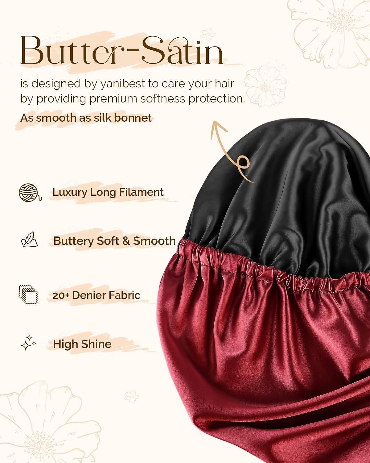 YANIBEST Satin Sleep Bonnet for Natural Hair - Extra Double Layer Long Adjustable Silk Hair Bonnet for Braids, Locs, Curls - Women’s Night Hair Protection Cap