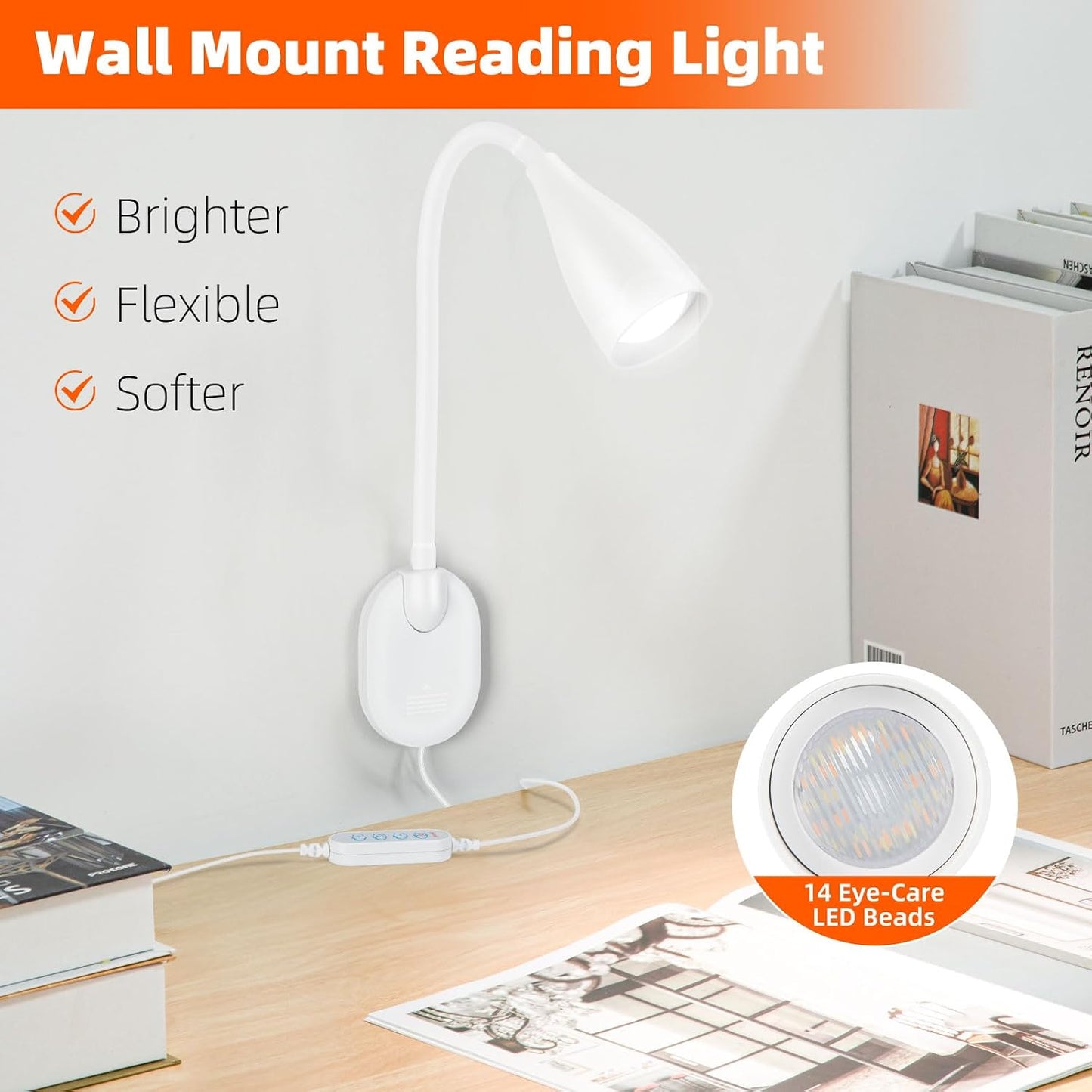 LiFMIRA Wall-Mounted LED Bedside Reading Light with USB Charging Port, 10-Level Dimmable & Adjustable 5 Color, Plug-in Adhesive Night Lamp for Books in Bed, Eye-Caring Bedroom Lighting (Black)