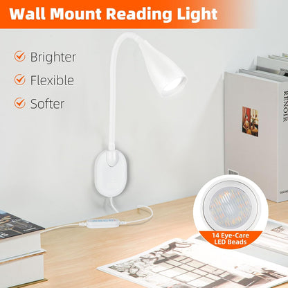 LiFMIRA Wall-Mounted LED Bedside Reading Light with USB Charging Port, 10-Level Dimmable & Adjustable 5 Color, Plug-in Adhesive Night Lamp for Books in Bed, Eye-Caring Bedroom Lighting (Black)