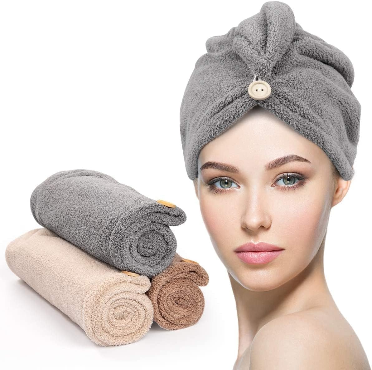 YFONG 3 Pack Microfiber Hair Towel Wrap for Women Girls, Super Absorbent Turban Towels for Drying Wet Hair, Anti Frizz Head Towels for Curly All Hair Style, Turbie Twist (Blue, Pink, White)