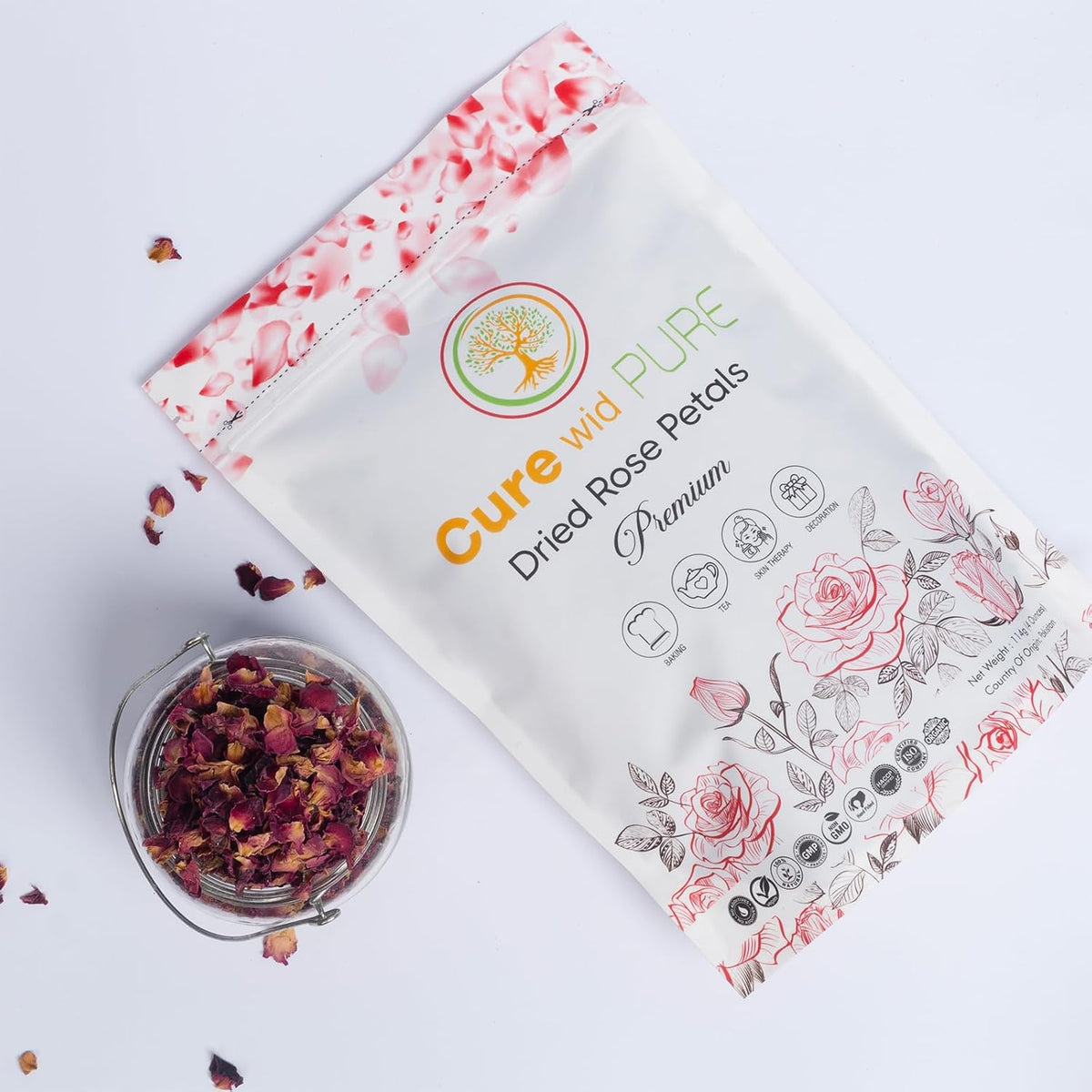Cure wid Pure Organic Dried Rose Petals 4oz - Food Grade Edible Rose Petals