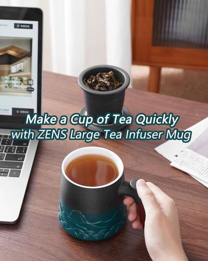 ZENS Embossed Ceramic Tea Mug with Infuser and Lid, 14.5 oz Wooden Handle, Loose Leaf Tea Steeper Cup & Strainer for Tea Lovers Gifts