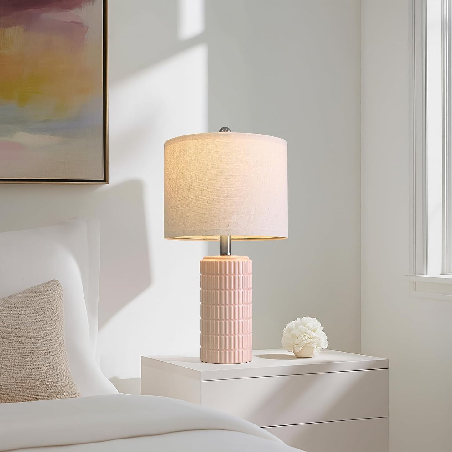 PoKat 20.75" Small Modern Ceramic Table Lamps Set of 2 for Bedroom, White Bedside Lamps for Night Stands, Farmhouse Desk Home Decor Gift Nightstand Table Lamps for Living Room End Table Beige
