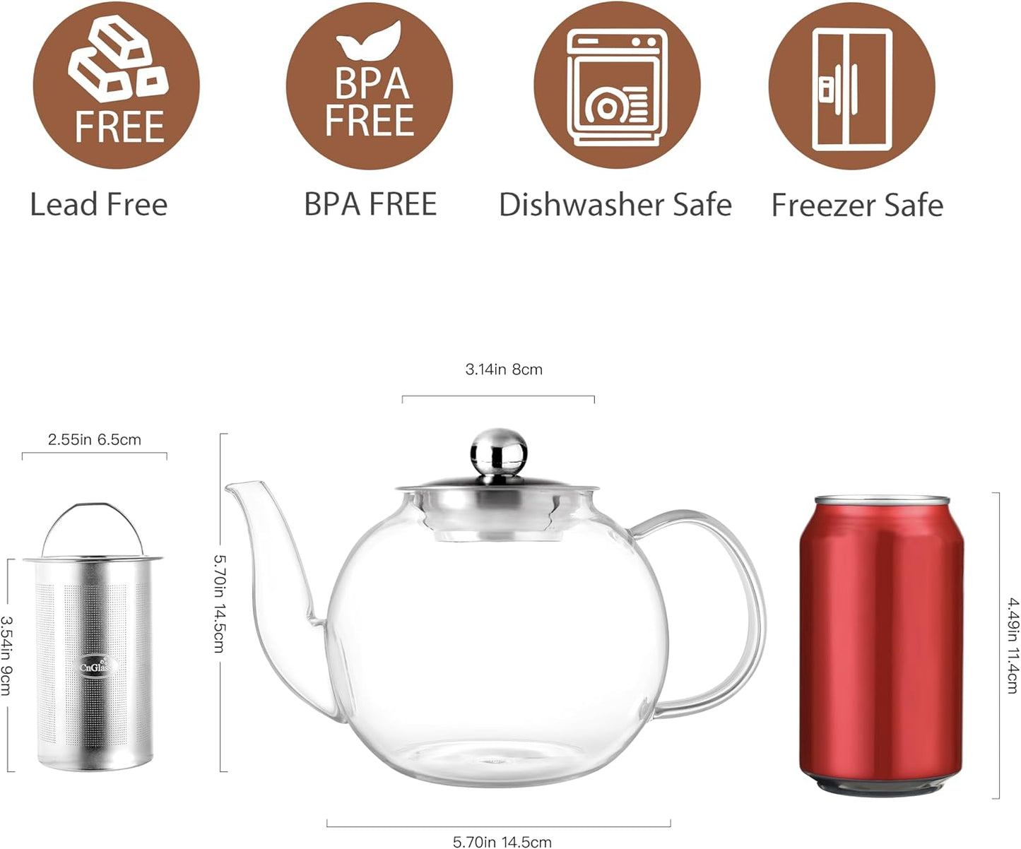 CNGLASS 900ml Glass Teapot with Removable Infuser,Clear Tea Kettle Stovetop Safe,Blooming and Loose Leaf Tea Maker