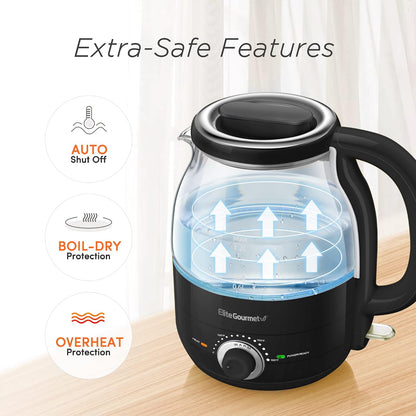 Elite Gourmet 1.2L Electric Glass Kettle, 1200W Fast Boil, Adjustable Temperature Control & Keep Warm, BPA-Free Borosilicate Glass, Auto Shut-Off & Boil-Dry Protection, 360° Cordless Base, Mint