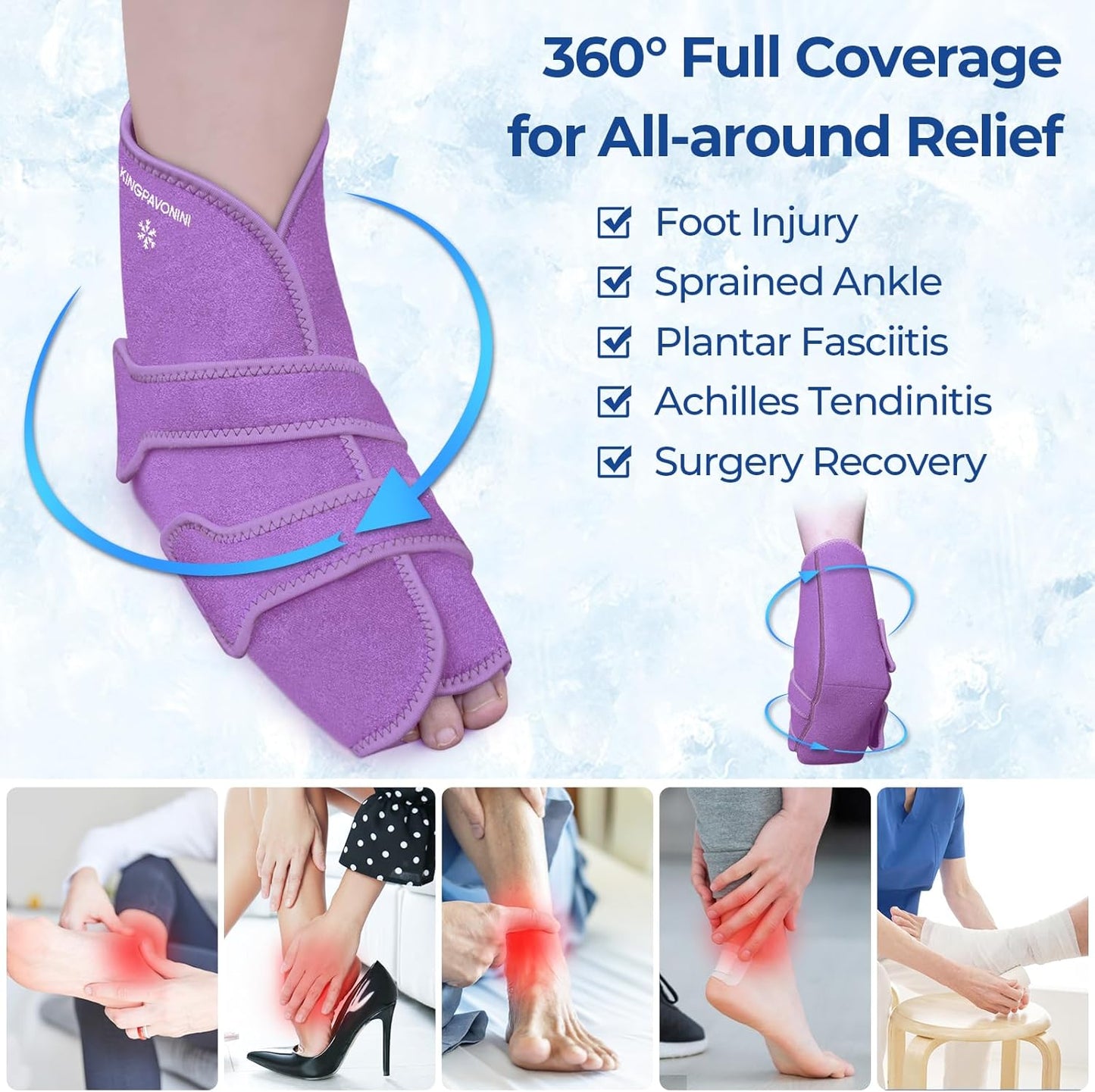 KingPavonini Ankle Foot Ice Pack Wrap for Sprained Ankle/Surgery Recovery, Reusable Gel Ice Packs for Feet Injuries, Plantar Fasciitis, Achilles Tendonitis, Hot/Cold Therapy, XL (1 Wrap+4 Gel Packs)