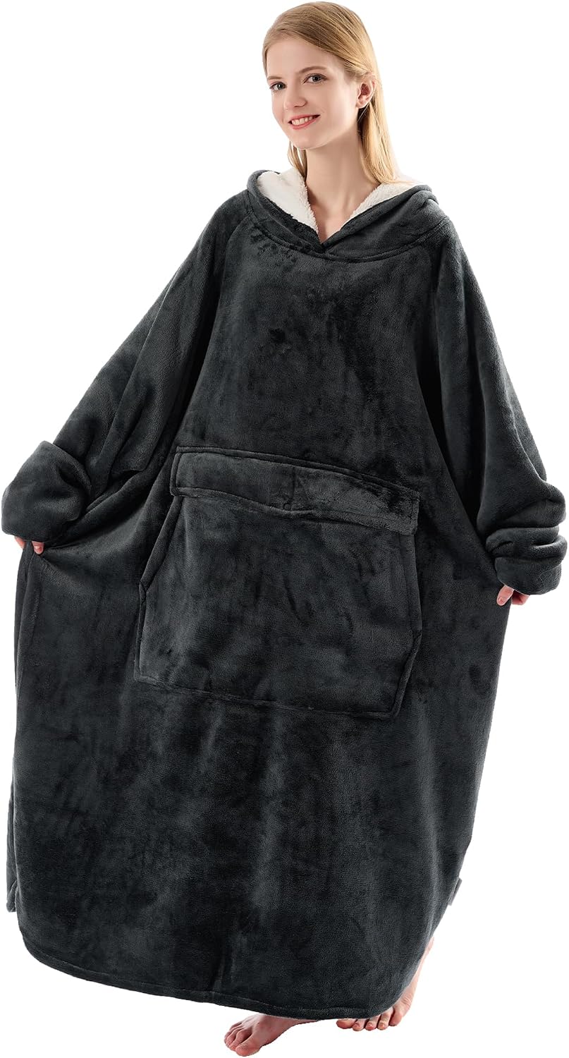 Krifey Wearable Blanket Hoodie, Oversized Sherpa Hooded Blanket for Adults | Soft sherpa fleece with sleeves and pocket; oversized fit for lounging, WFH, camping, Christmas and white elephant gifts.