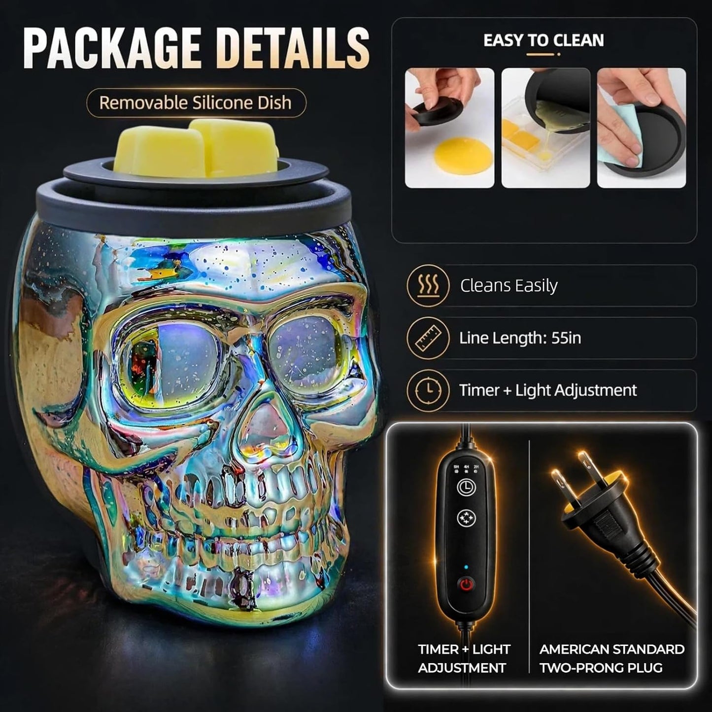 Wax Melt Warmer, Wax Warmer for Scented Wax with Light Bulb, Electric Skull Wax Burner, Halloween Fragrance Wax Melter for Home and Gifts (Rainbow Skull)