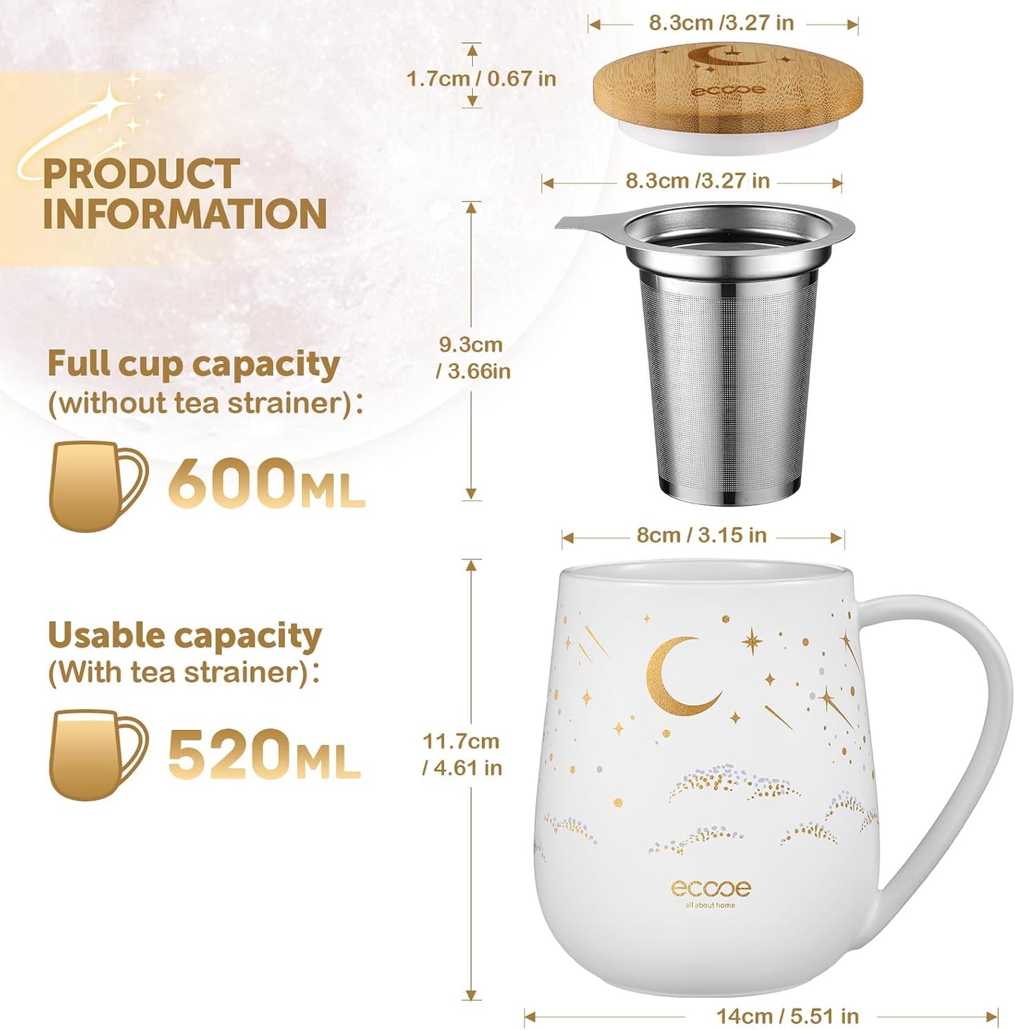 ecooe Tea Infuser Mug 20.3oz Ceramic Tea Cup with Removable Stainless Steel Infuser and Lid, 600ml Tea Mug for Loose Leaf Tea Coffee Milk, Gifts for Women Parents Friends Office Home (Black)