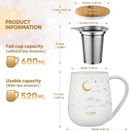 ecooe Tea Infuser Mug 20.3oz Ceramic Tea Cup with Removable Stainless Steel Infuser and Lid, 600ml Tea Mug for Loose Leaf Tea Coffee Milk, Gifts for Women Parents Friends Office Home (Black)
