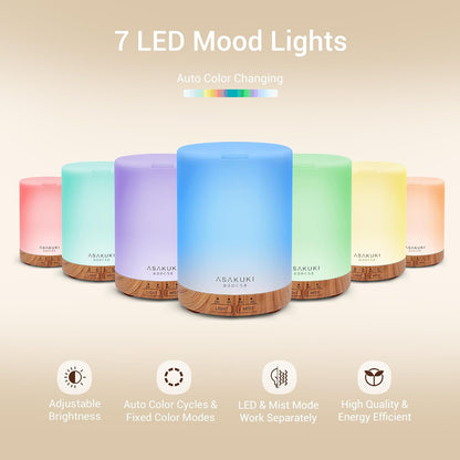 ASAKUKI Essential Oil Diffuser for Home 300 ml Quiet | Automatic Shut-Off, Aromatherapy Diffuser, 7 LED Lights for Living Room, Kitchen, Bedroom, Hotel - Light Brown