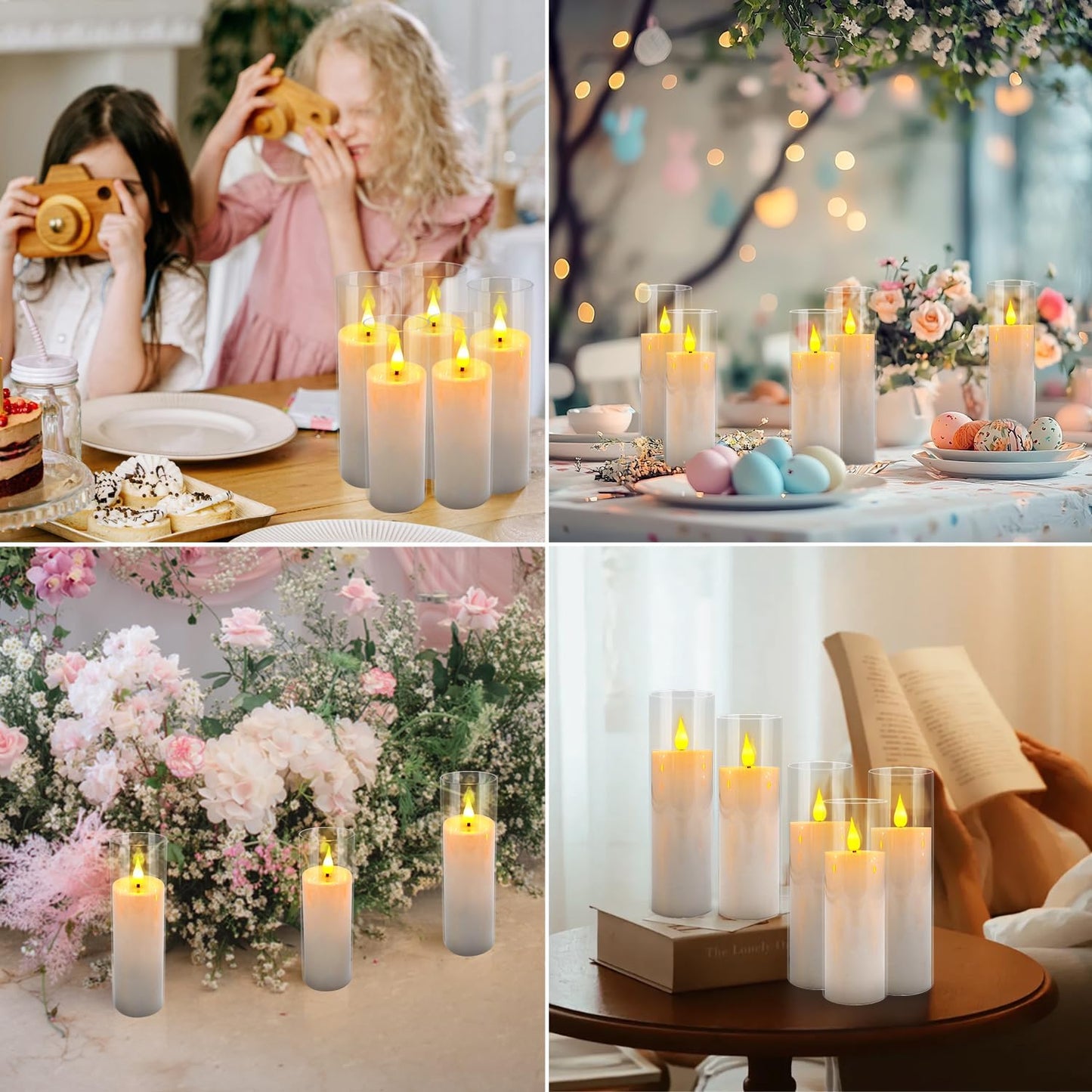 24 Pcs LED Flameless Candles with Remote, 3D Flickering Flame & LED String Lights, Acrylic Clear Cylinder, Timer Function, Romantic Ambience for Home Decor, Party, Wedding (Ivory).