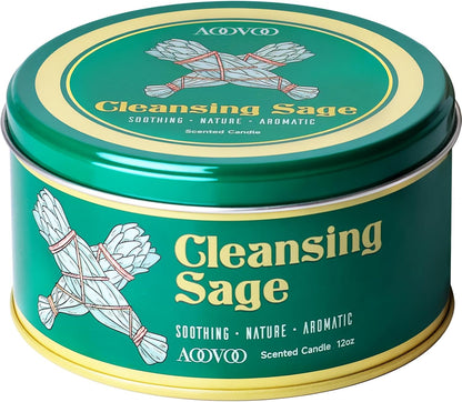 AOOVOO Sage Candle for Cleansing - 3 Wick 12oz Large Scented Candle with Crystals & Sage Leaves Inside, Soy Candles Non Toxic for Meditation Spiritual Gift, Aromatherapy Candle for Women Men