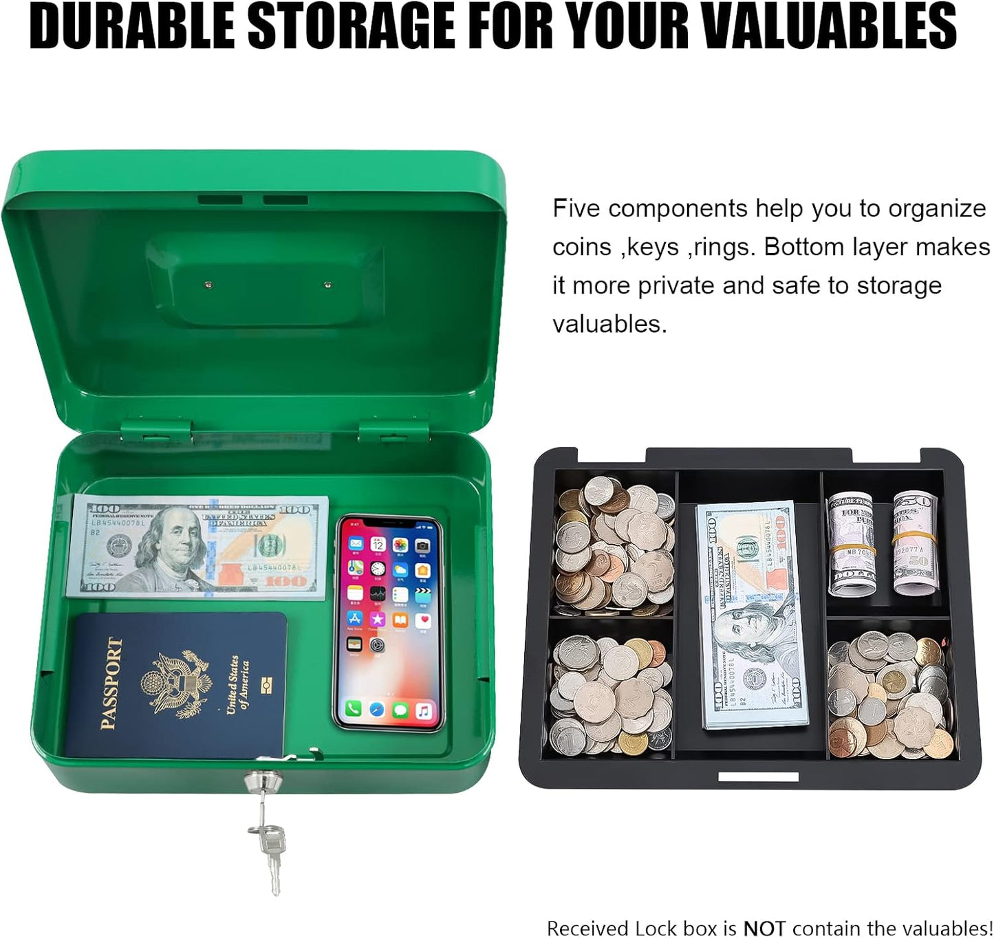 KYODOLED Small Cash Box with Combination Lock & Removable Money Tray, Black