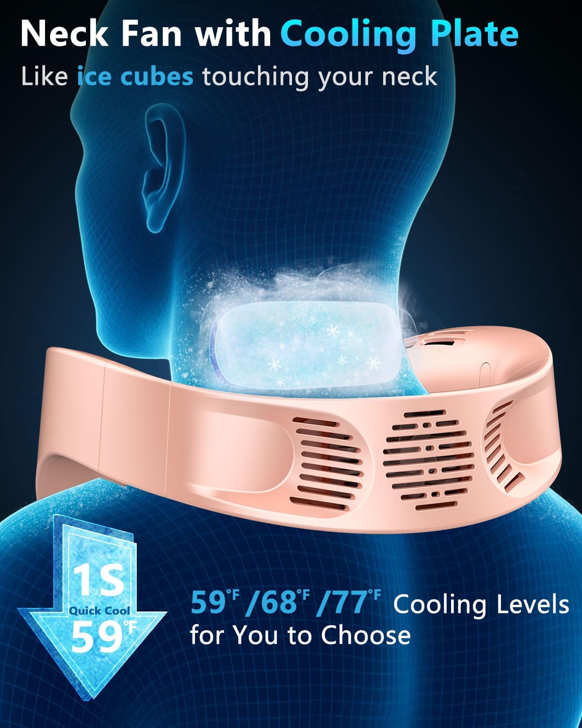 FWV Neck Fan with Cooling Plate, Quiet 30dB, 3-24Hrs Cooling,5500mAh Battery,LED Display Necklace AC Cooler, USB Bladeless Portable Personal Wearable Fans that Blow Cold Air for Men Women Kids Black