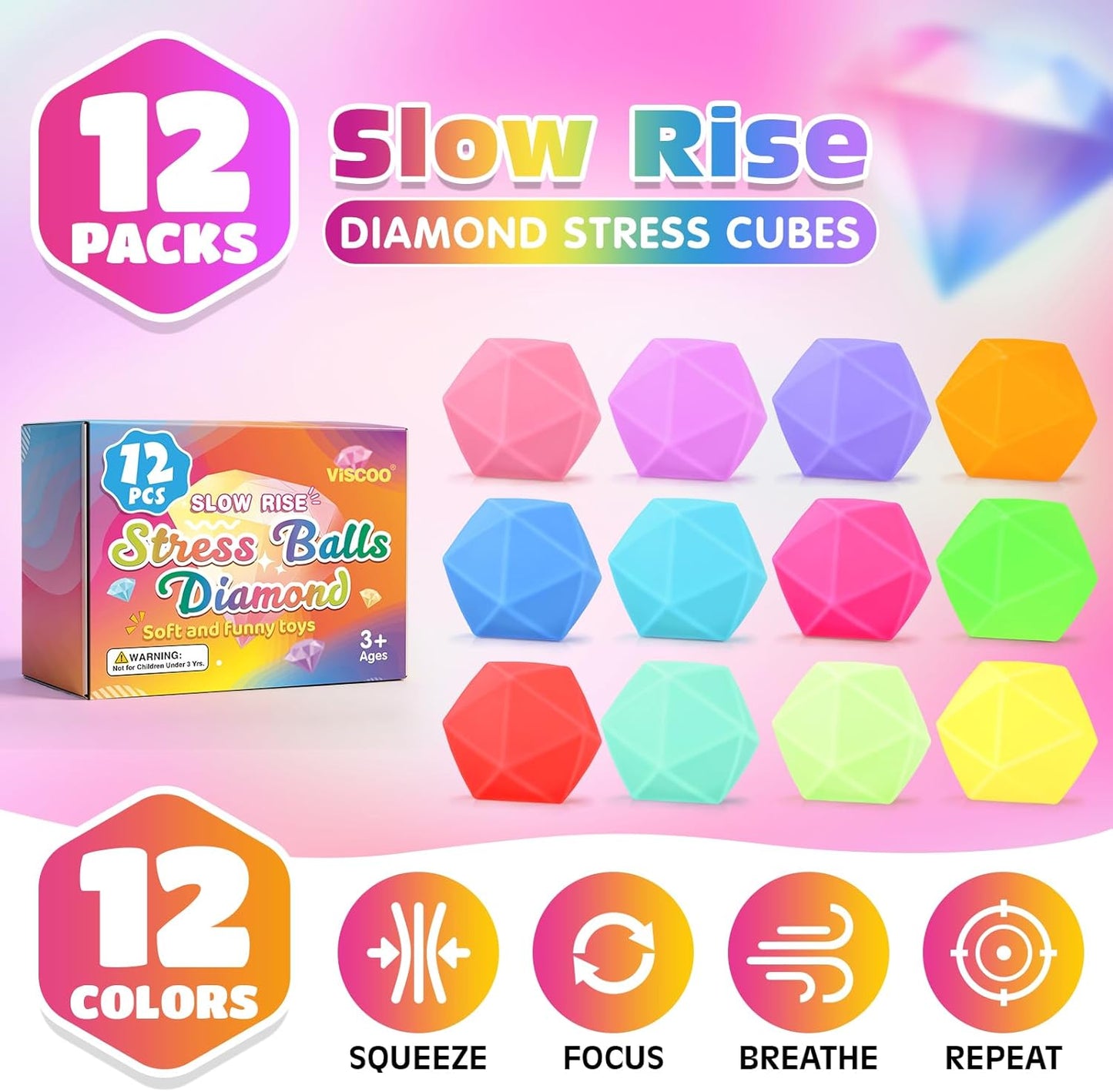 12 Pack Slow Rising Stress Ball,Stress Balls for Kids Adults,Stretchy Fidget Toys for Stress Relief,Hand Therapy Sensory Squishy Ball, Squishy Toys for Kids, Classroom Prize Box Party Favors