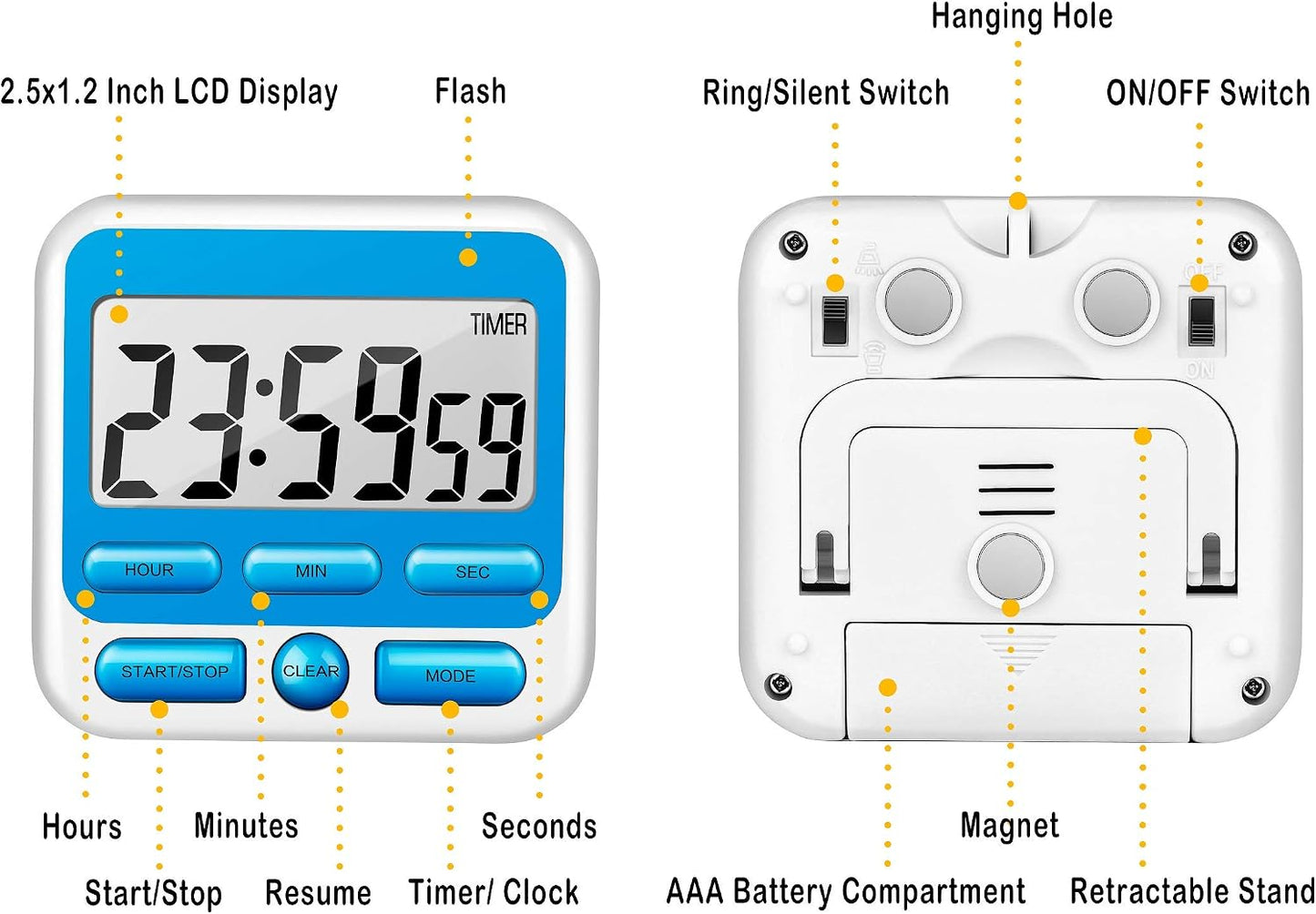 KTKUDY Digital Kitchen Timer with Mute/Loud Alarm Switch ON/Off Switch, 12-Hour Clock & Alarm, Memory Function Count Up & Count Down for Kids Teachers Cooking, Large LCD Display, Strong Magnet (Black)
